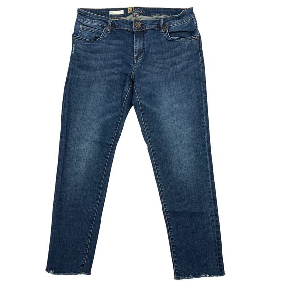 Kut from Kloth Katy Boyfriend Jeans Sz 8 Dark Wash Raw Hem Fringe Stretch Denim - Picture 1 of 9